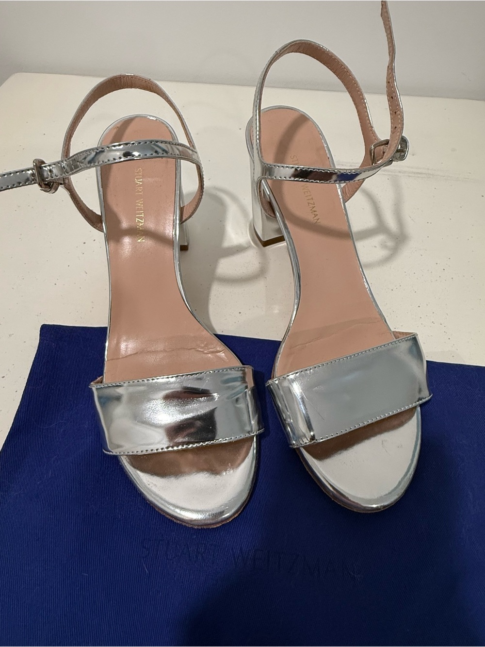 Stuart Weitzman Metallic Silver Block-Heel Sandals